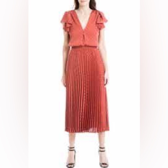 max studio deep v dotted pleated Womens midi dress red size L - Picture 8 of 8